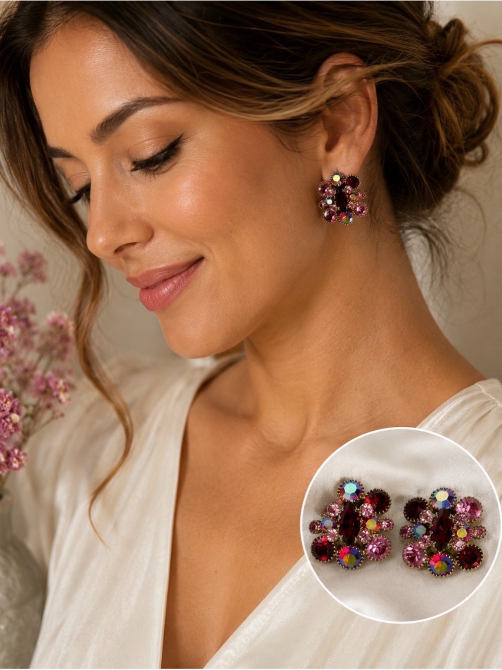 Vintage Earrings WEISS Signed Red Pink Oval Glass Cabochon Floral Clip On